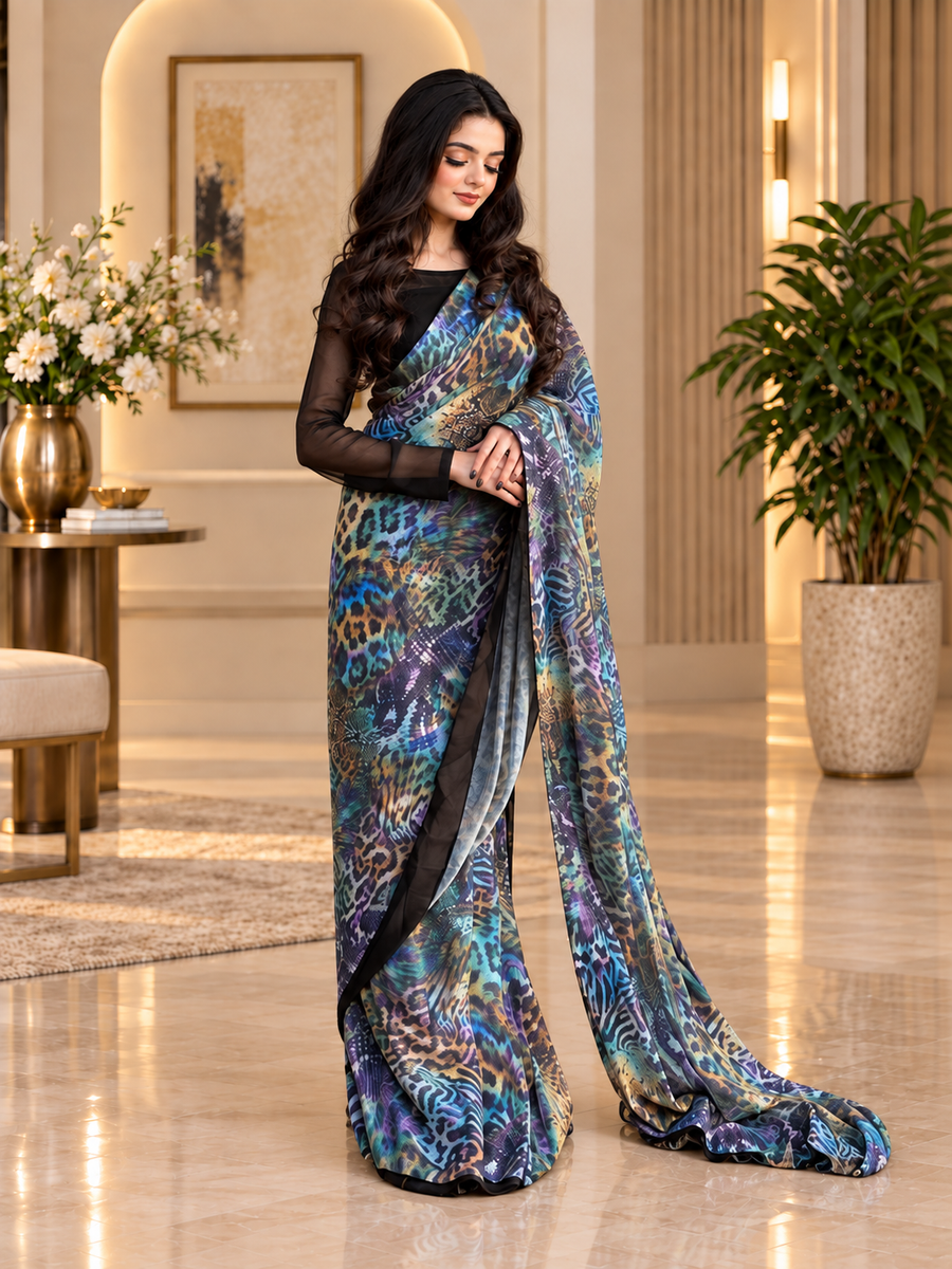 Stitched Printed Chiffon Saree