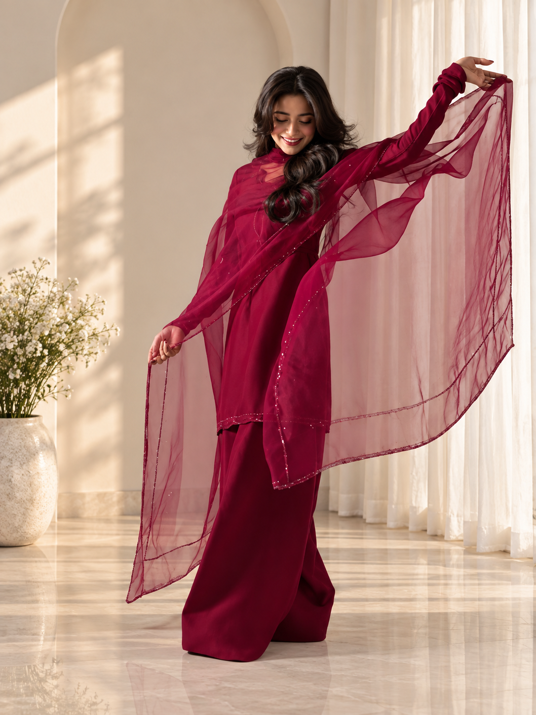 Blood Red Farshi Dress (03 Piece)