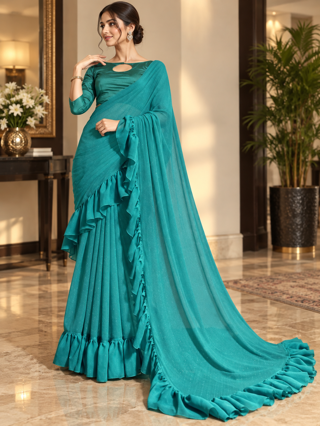 Stitched Frill Border Unique Saree