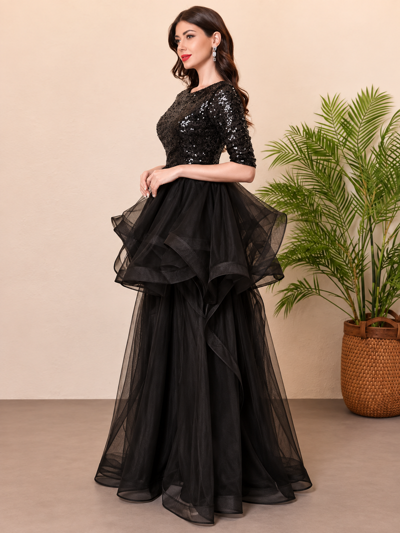 Women’s Sequin Short Sleeves Tulle Puff Maxi