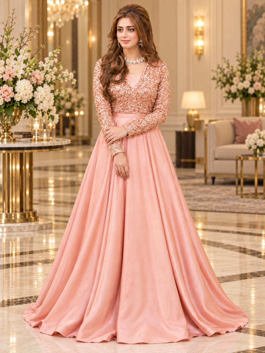 Peach Sequin & Silk Maxi