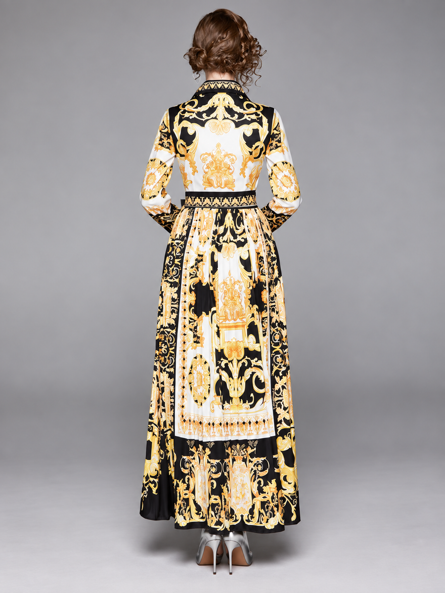 Women’s Vintage Print Collar Tie Maxi