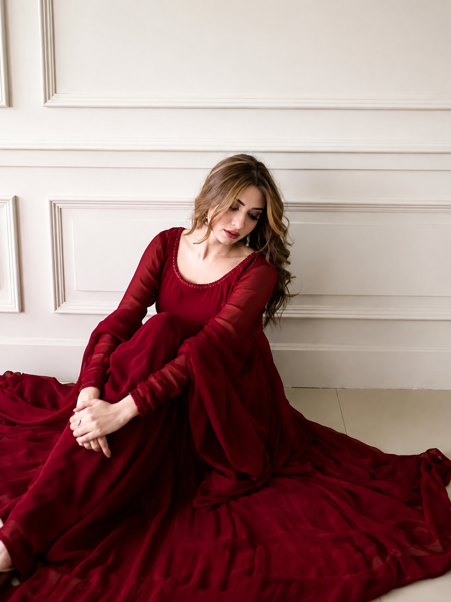 Reddish Maroon Chiffon Maxi With Dupatta