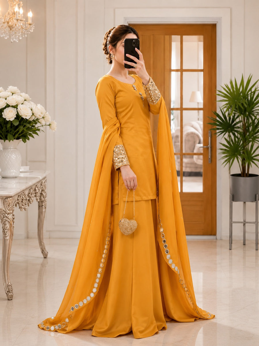 Mustard Dress Draped In Sequin
