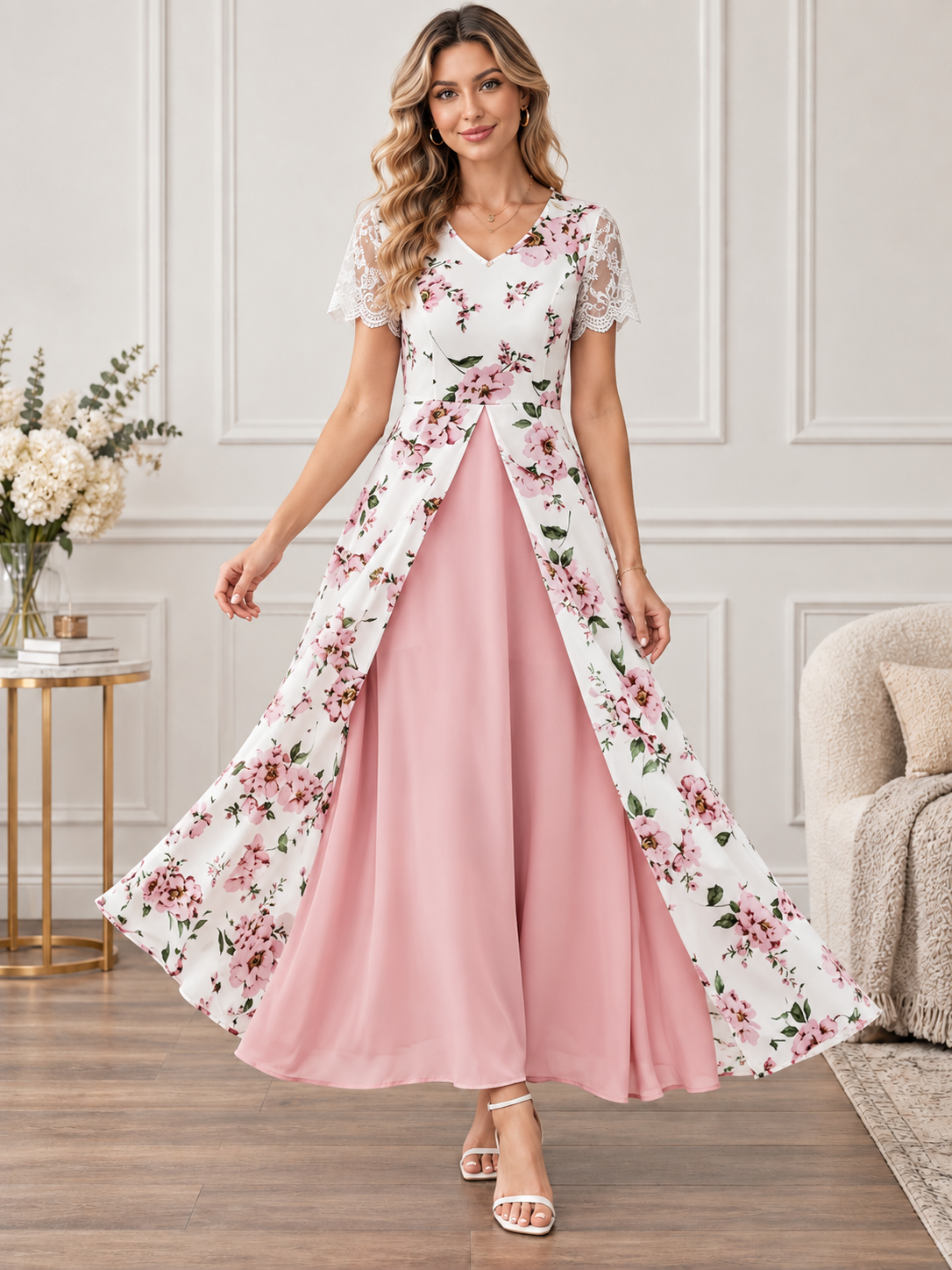 Women’s Floral Print Short Sleeves Maxi