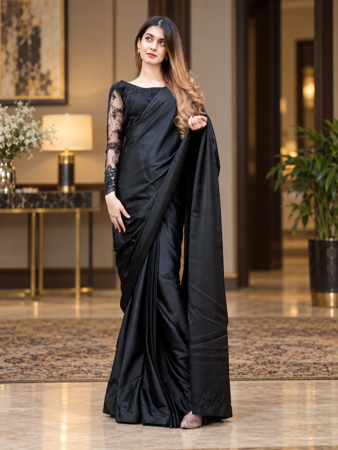 Black Silk Saree With Embroidered Net Blouse