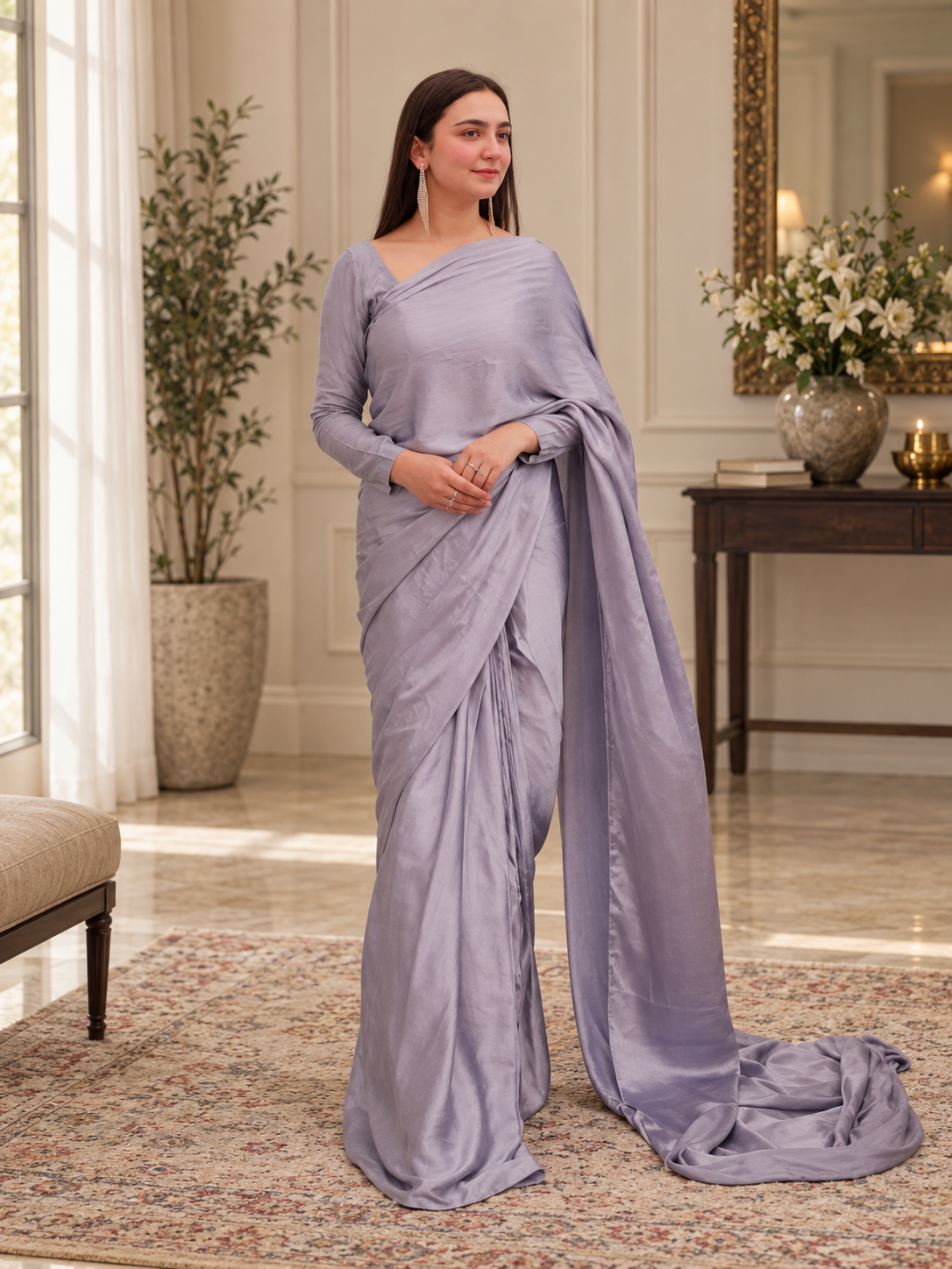 Soft Grey Silk Stitched Saree
