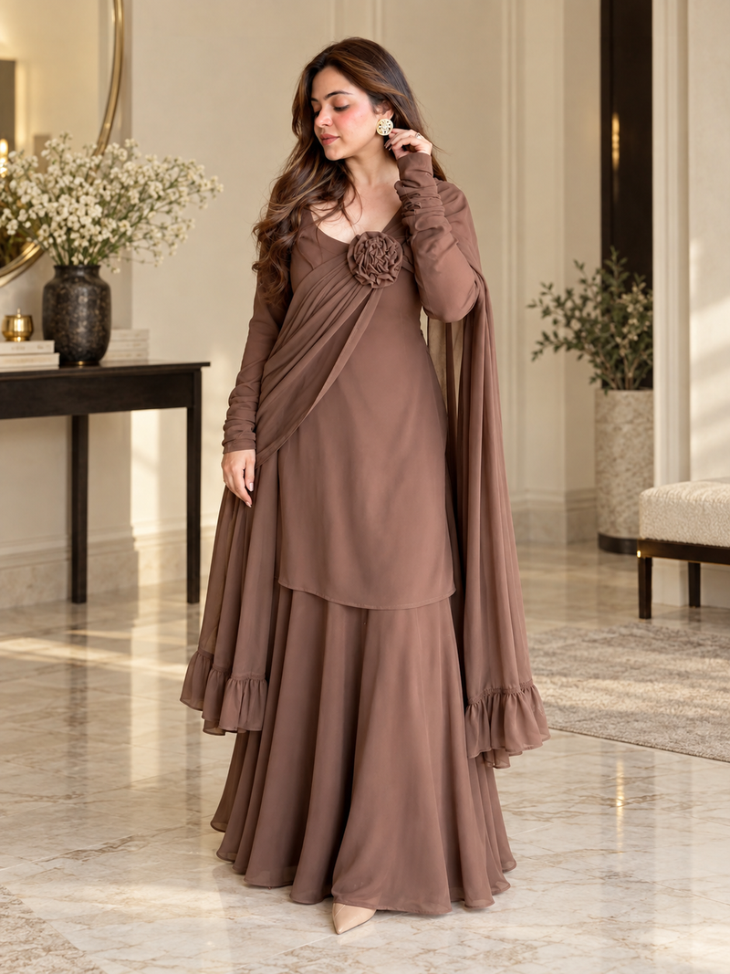 Women’s Brown Chiffon 3D Flower Dress (03 Piece)