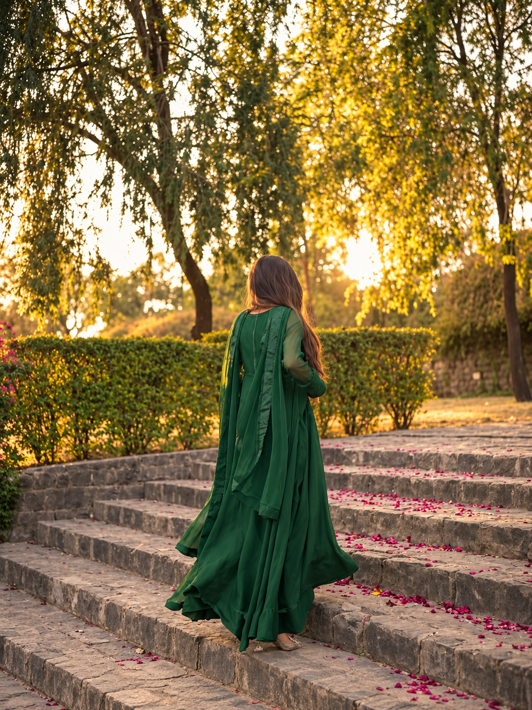 Bottle Green Heavy Flare Maxi With Dupatta