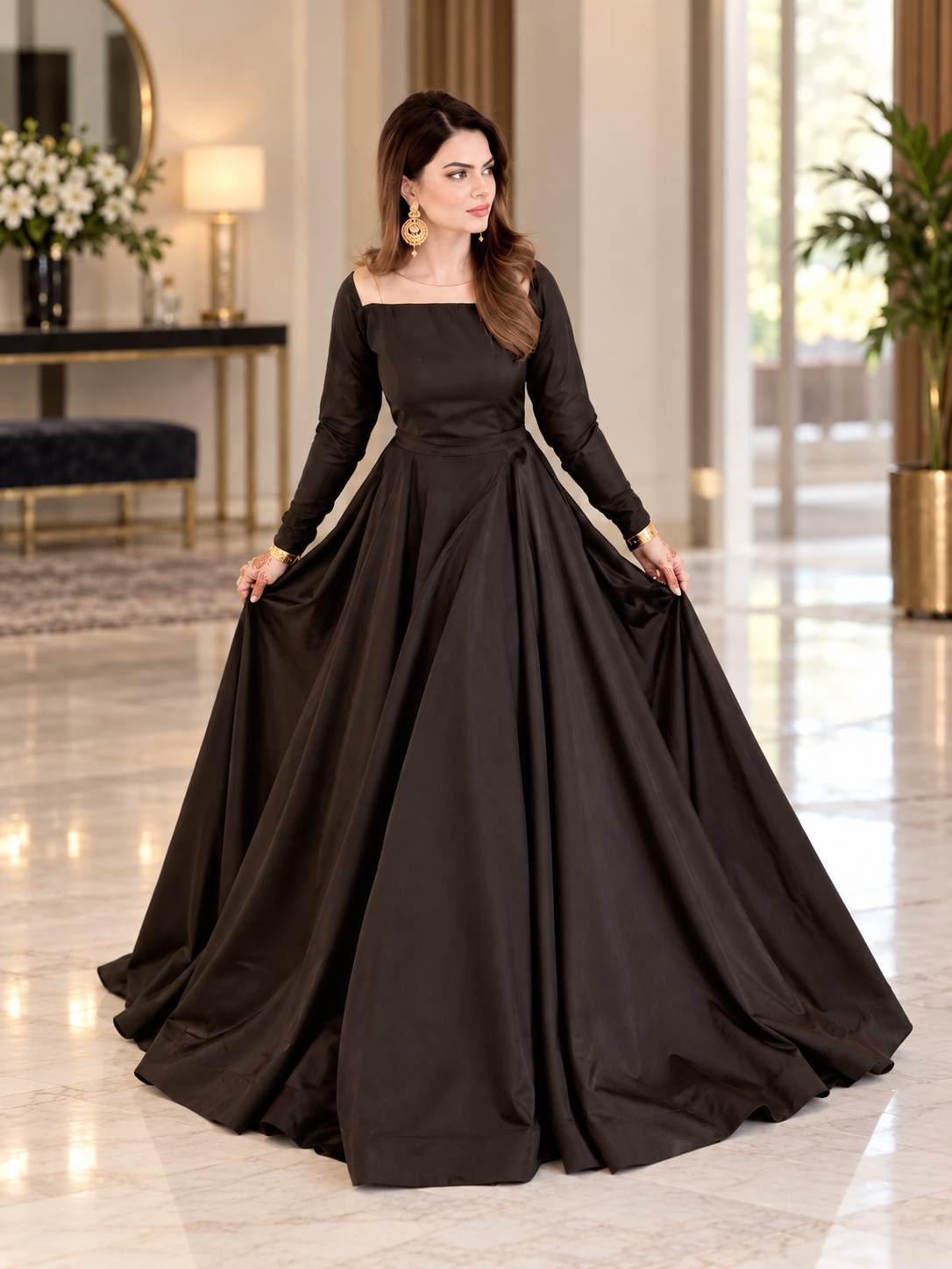 Black Silk Heavy Flare Maxi With Skin Touch