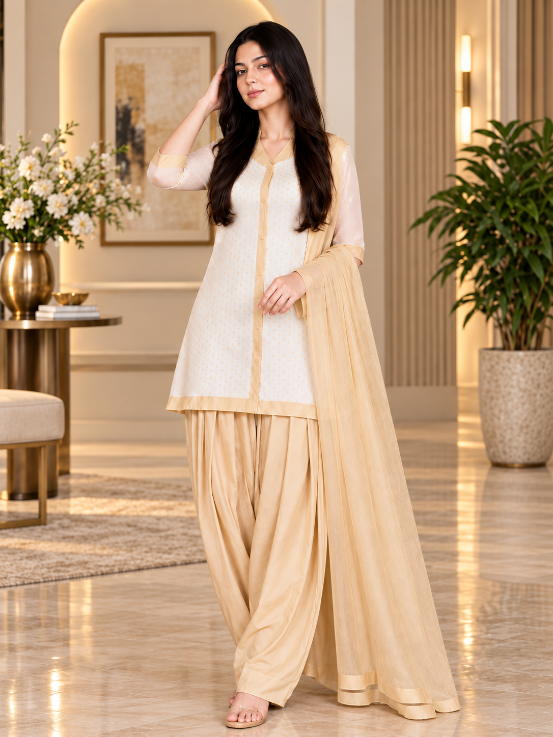 Stylish Beige Dress (03 Piece)