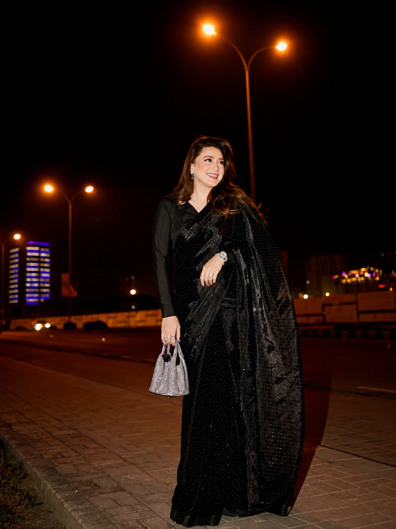 Black Sparkle Stitched Saree With Long Pallu