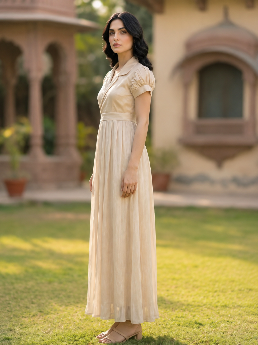 Beige Platted Coat Collar Style Maxi