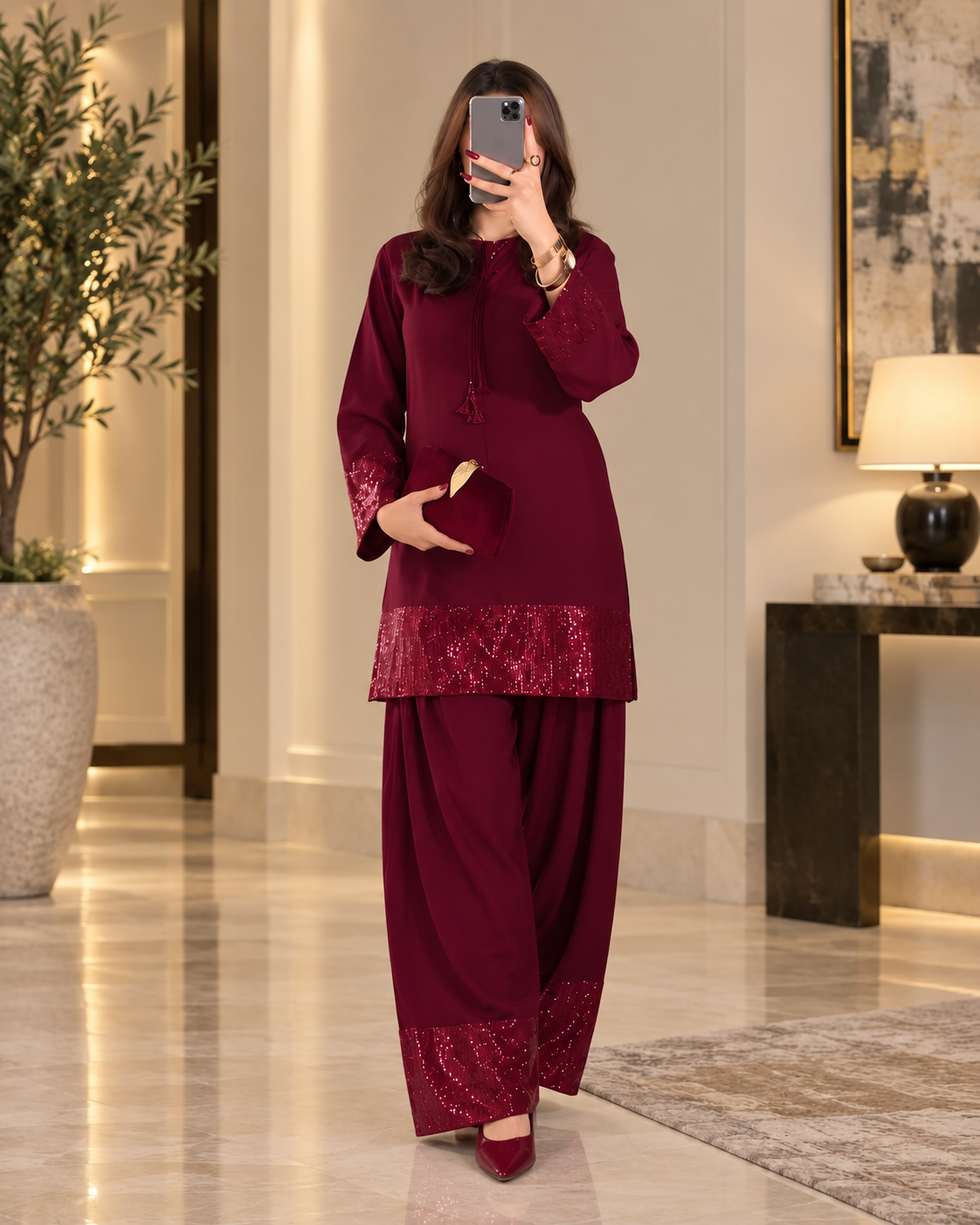 Women’s Maroon Silk & Sequin Farshi Dress (02 Piece)