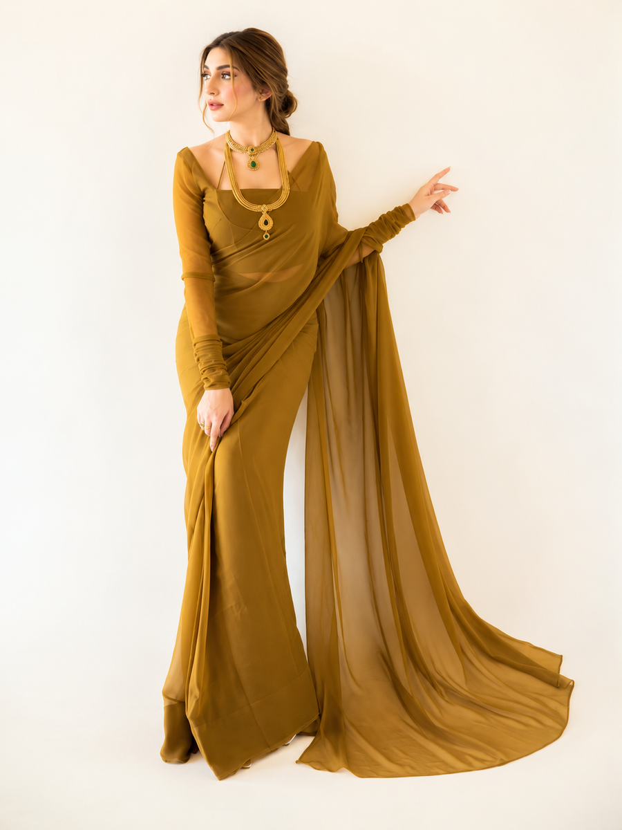 Stitched Golden Brown Chiffon Saree