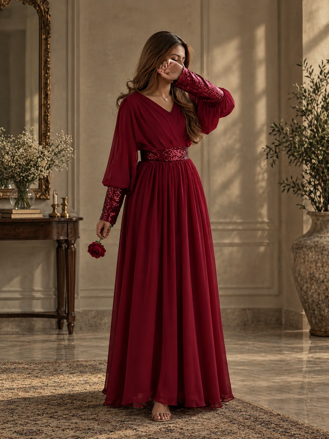 Maroon Neck Plated Sequin Cuff Maxi