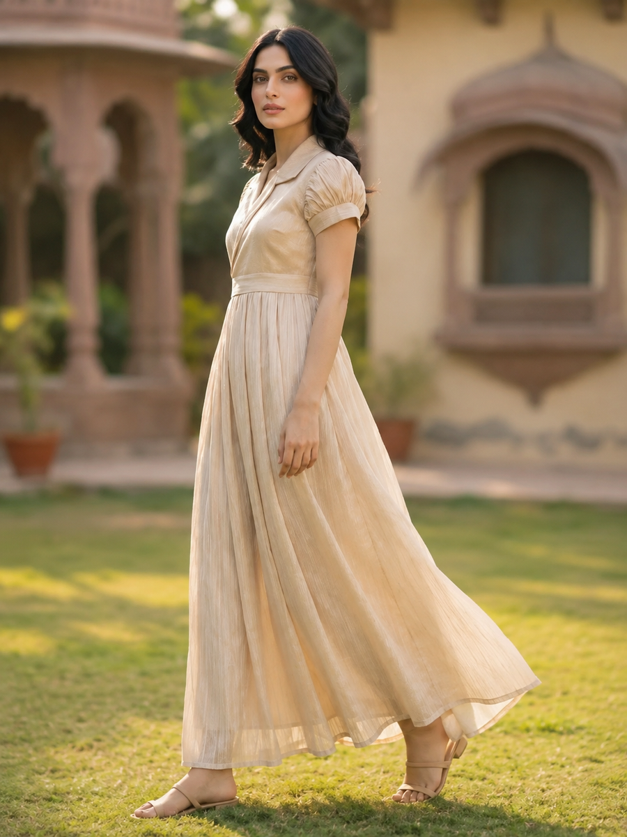 Beige Platted Coat Collar Style Maxi