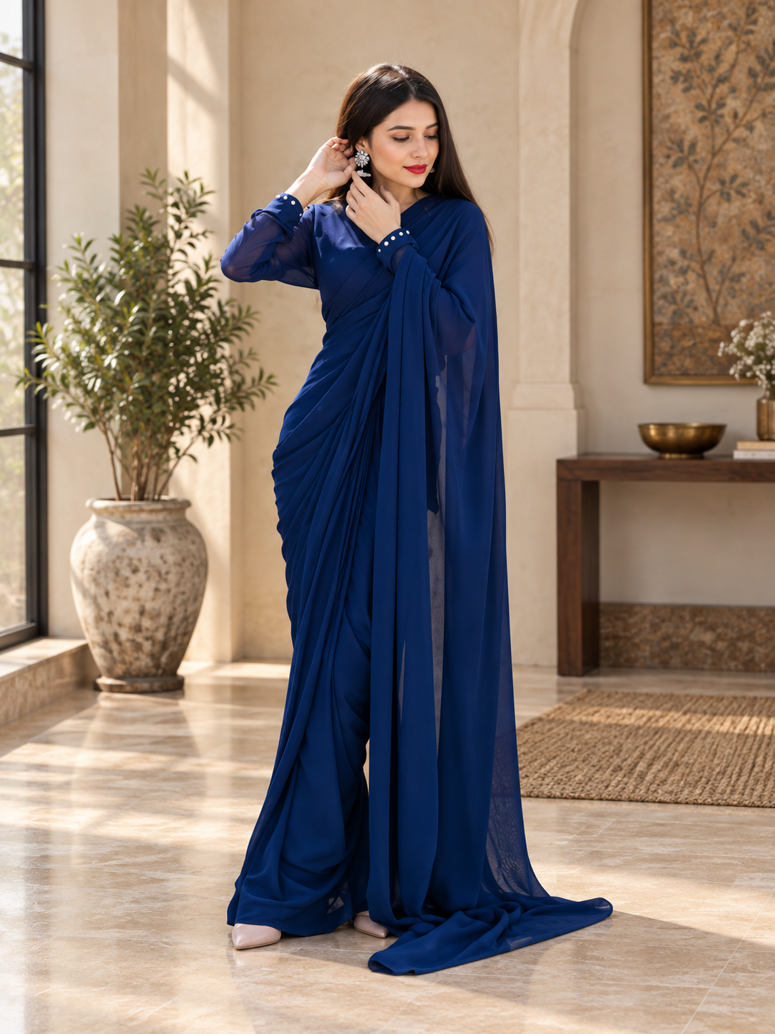 Blue Chiffon Mirror Touch Saree