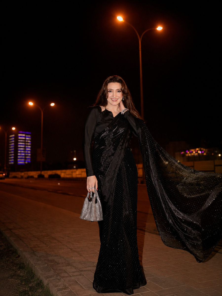 Black Sparkle Stitched Saree With Long Pallu