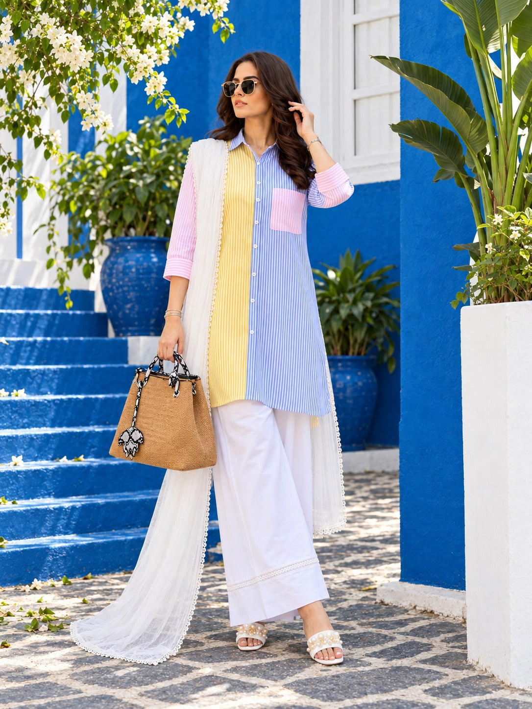 Multi Stripes Shirt With Plazo & Dupatta