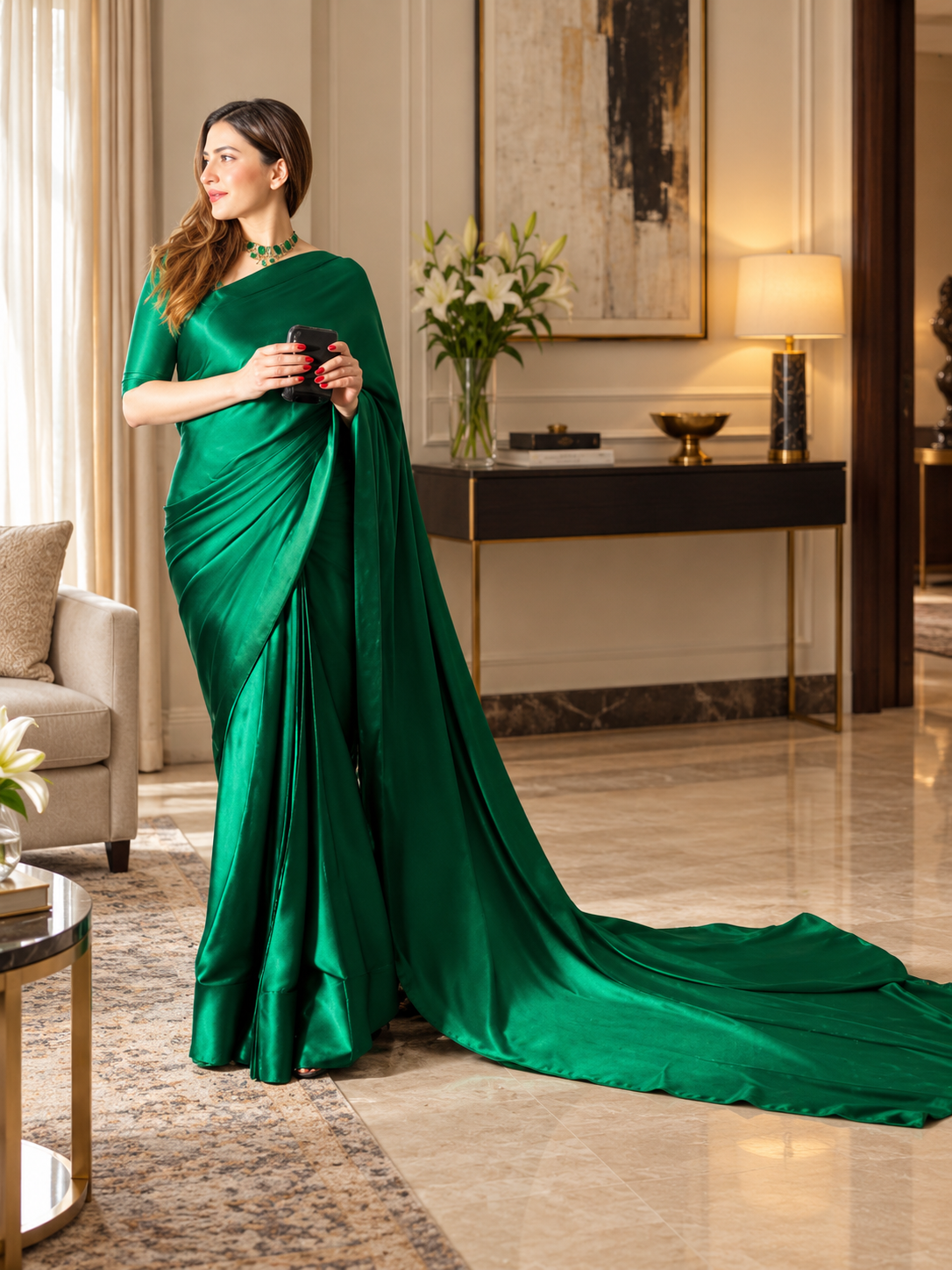 Stitched Green Silk Long Pallu Saree