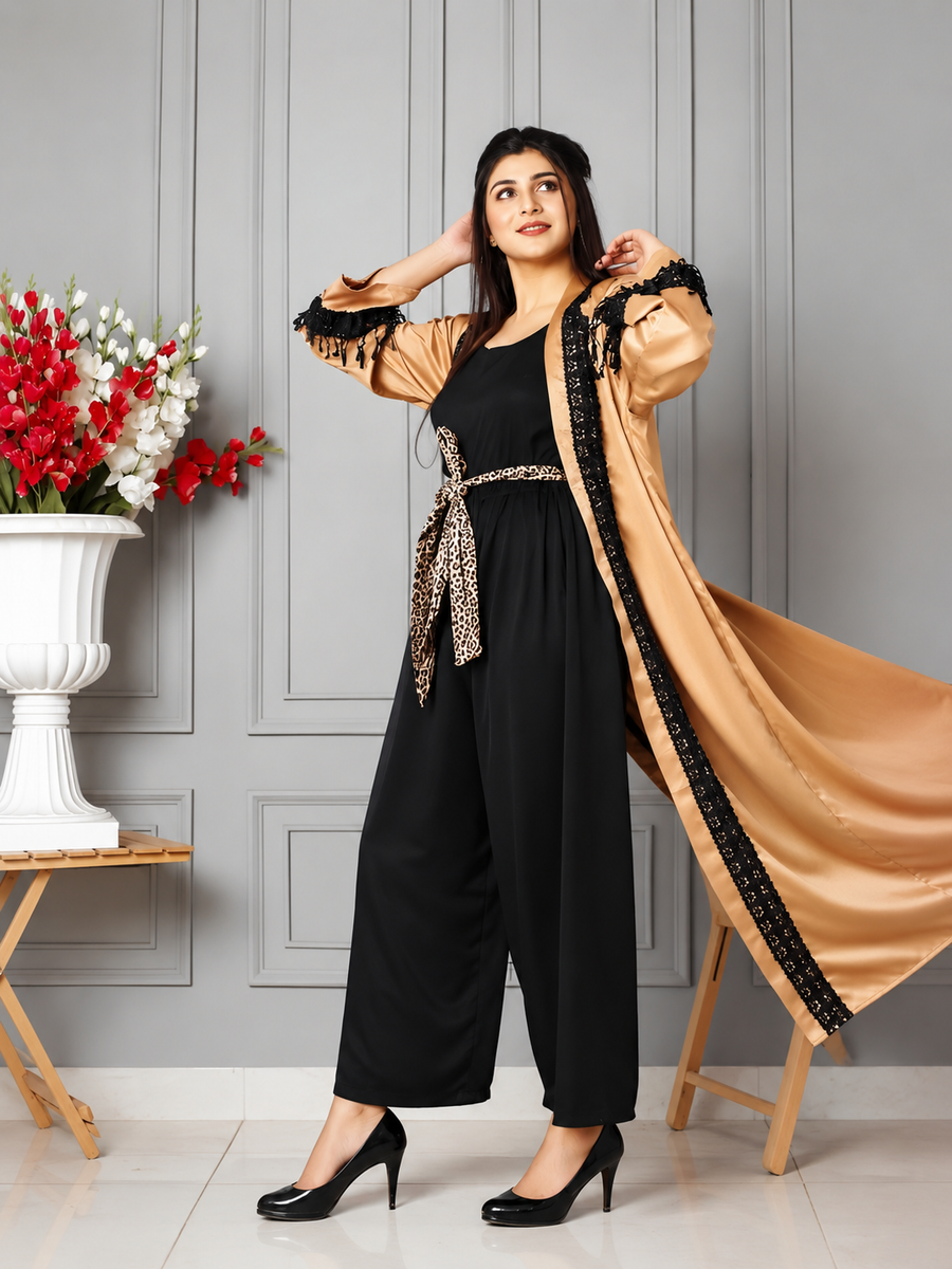 Black Jumpsuit With Golden Upper & Cheetah Belt