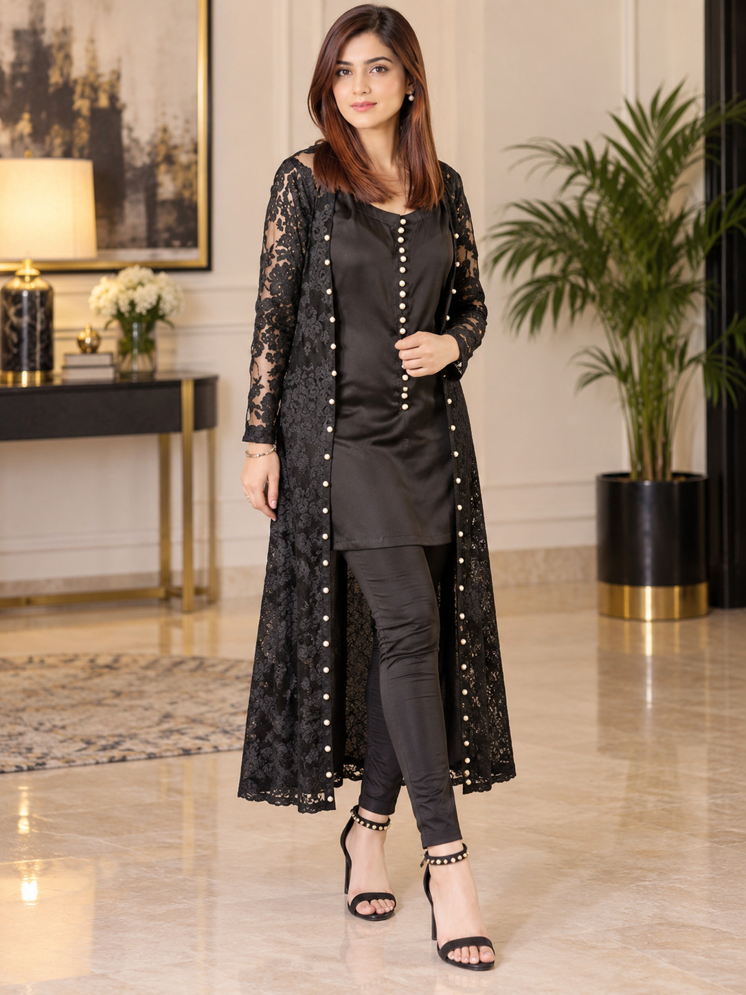 Black Dress With Net Upper (03 Piece)