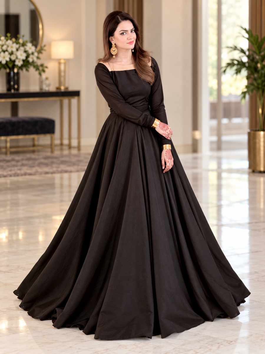 Black Silk Heavy Flare Maxi With Skin Touch