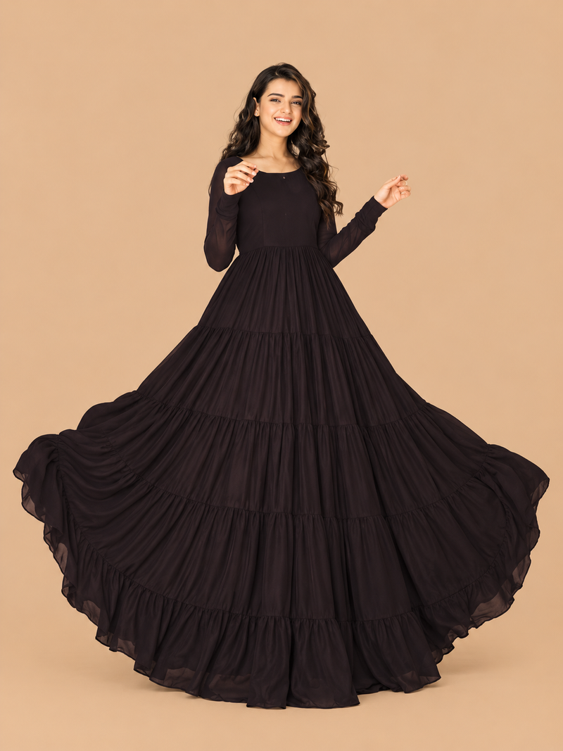 Black Chiffon Frill Detail Long Maxi