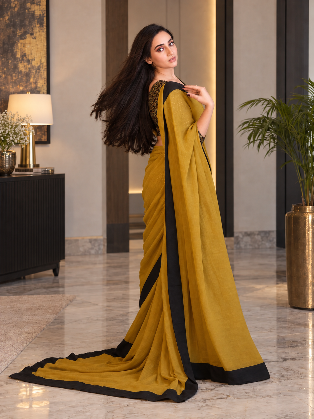 Golden Chiffon Saree With Black Contrast & Long Pallu
