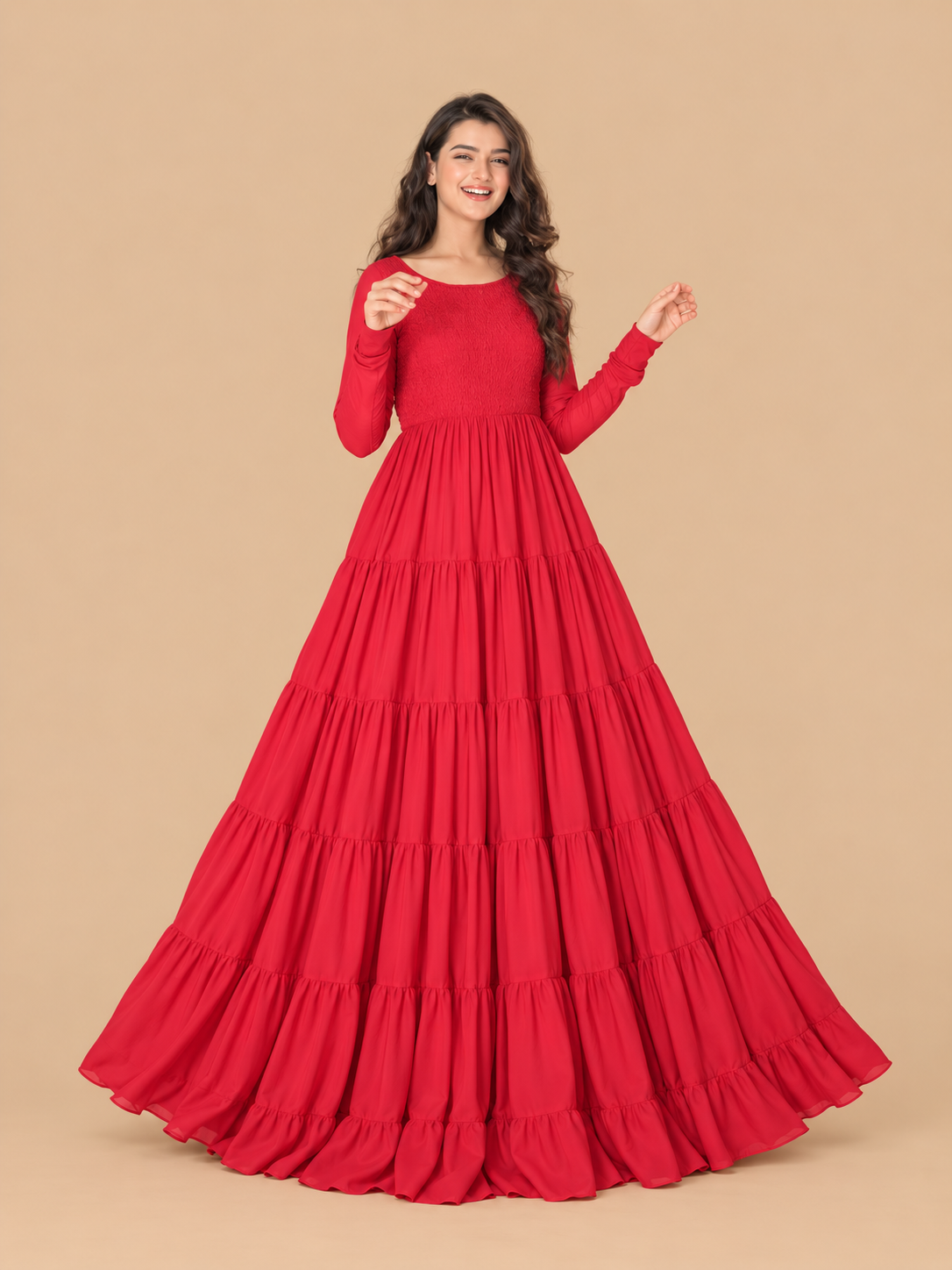 Red Chiffon Frill Detail Long Maxi