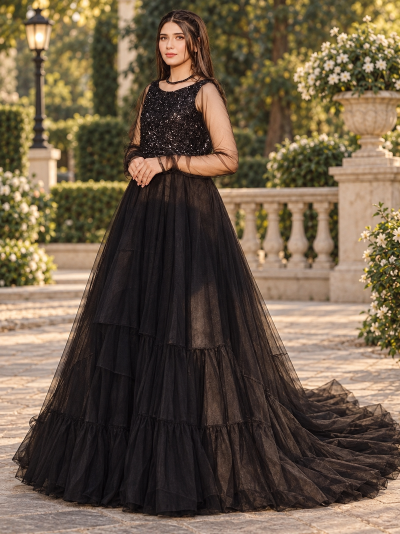 Black Sequin Frill Maxi