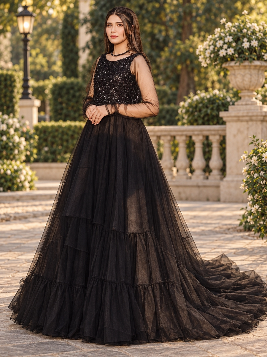 Black Sequin Frill Maxi