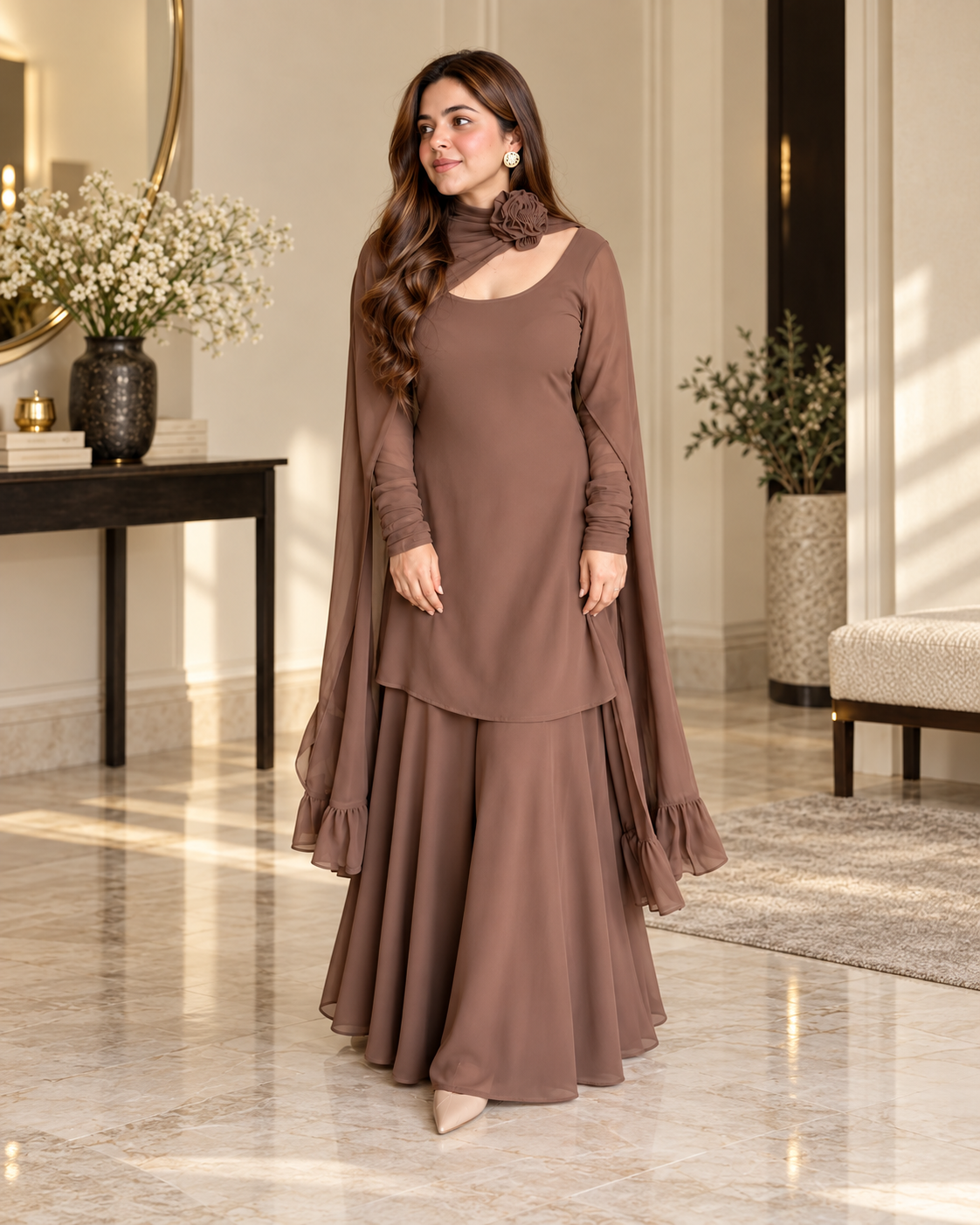 Women’s Brown Chiffon 3D Flower Dress (03 Piece)