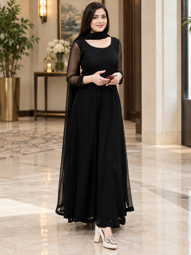 Black Chiffon Maxi With Dupatta