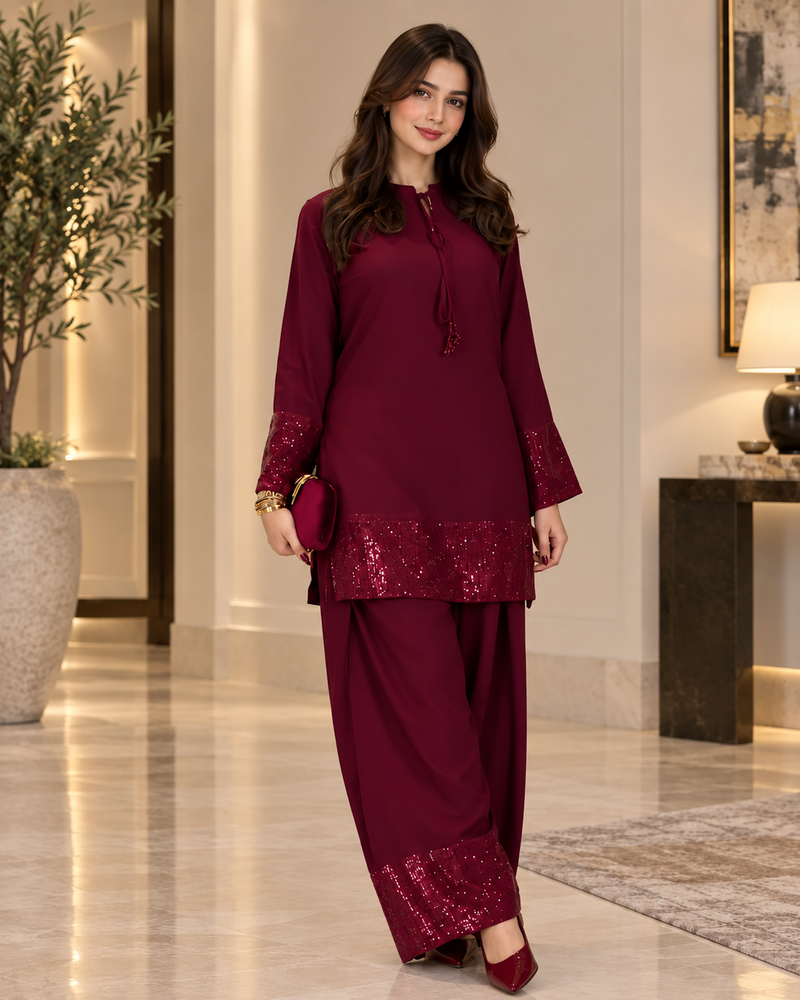 Women’s Maroon Silk & Sequin Farshi Dress (02 Piece)