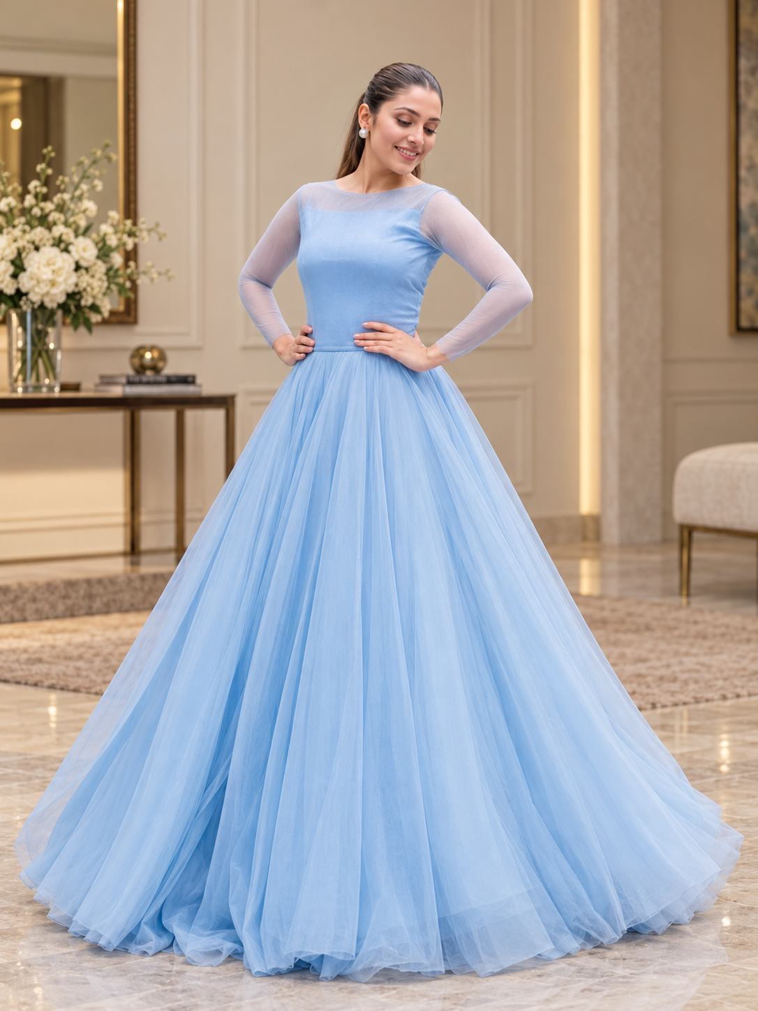 Sky Blue Chiffon Heavy Flare Maxi