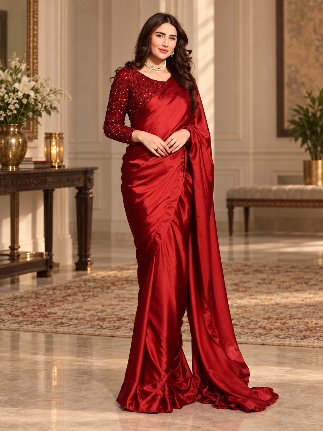 Stitched Red Silk Saree With Red Sequin Blouse
