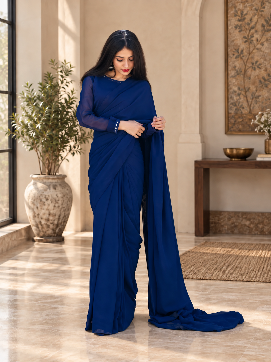 Blue Chiffon Mirror Touch Saree