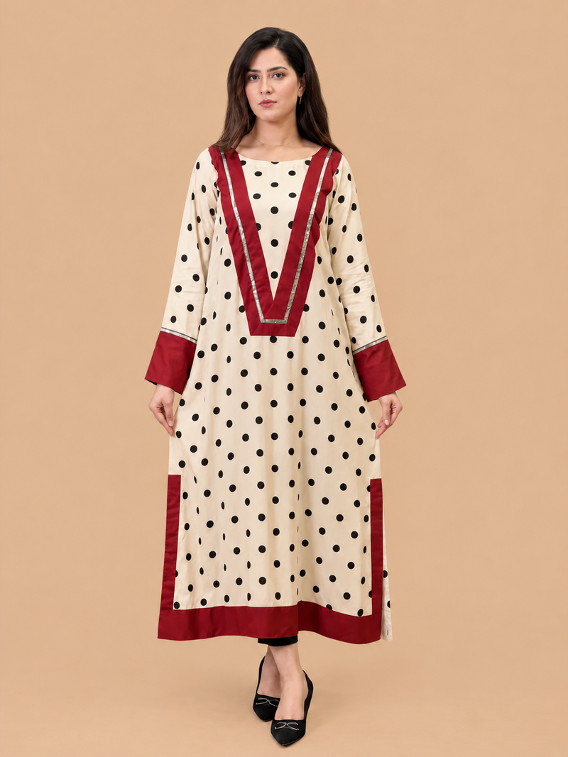 Polka Long Shirt With Red Detailing