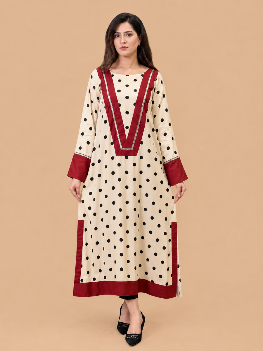 Polka Long Shirt With Red Detailing