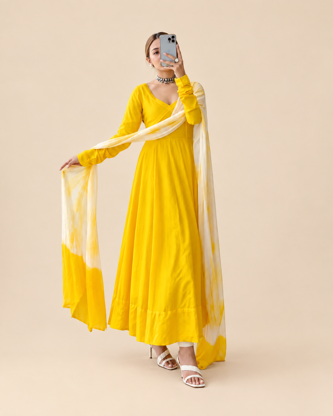 Yellow Chiffon Anarkali Dress (03 Piece)