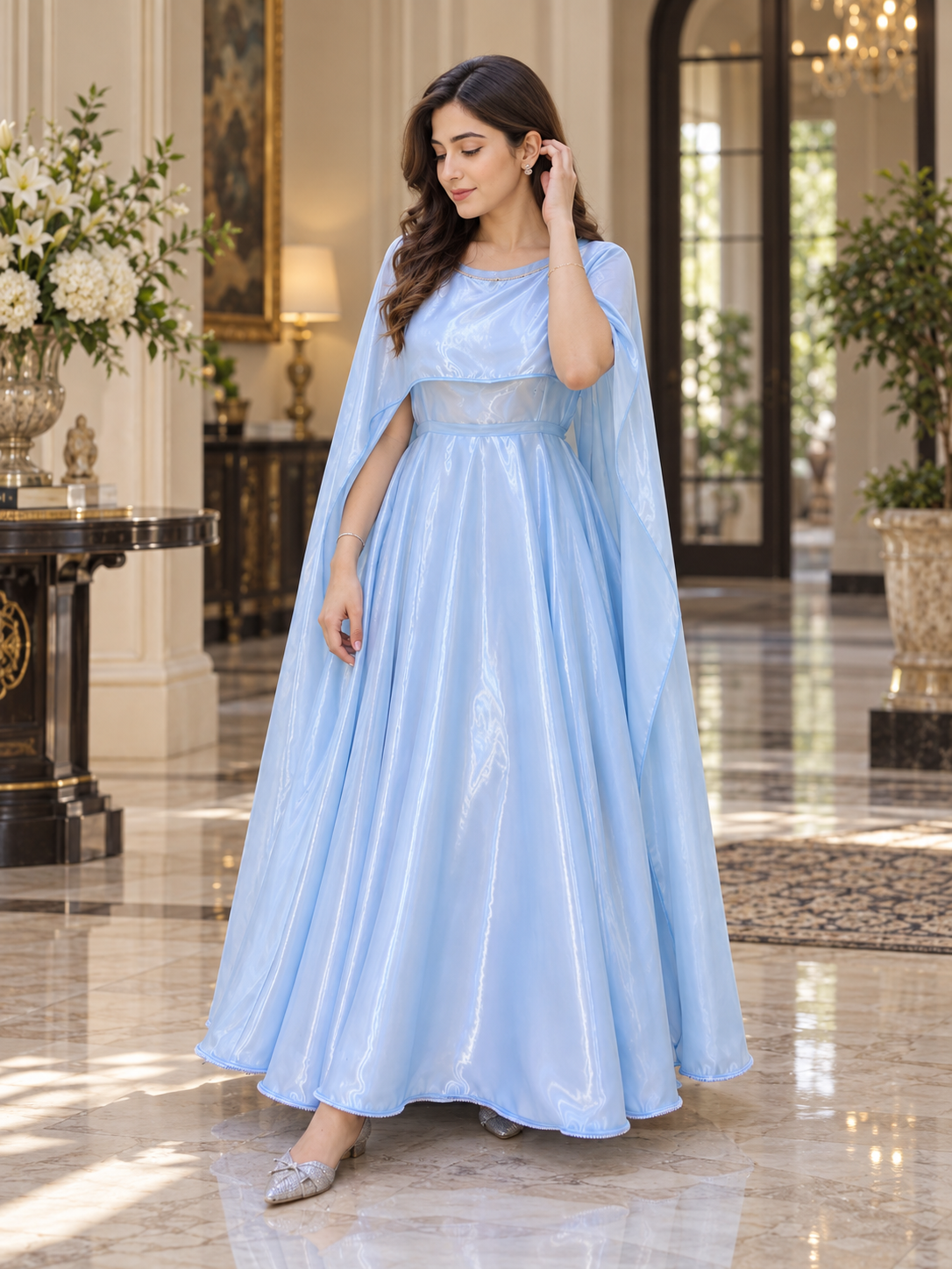 Stylish Ice Blue Maxi With Attached Dupatta