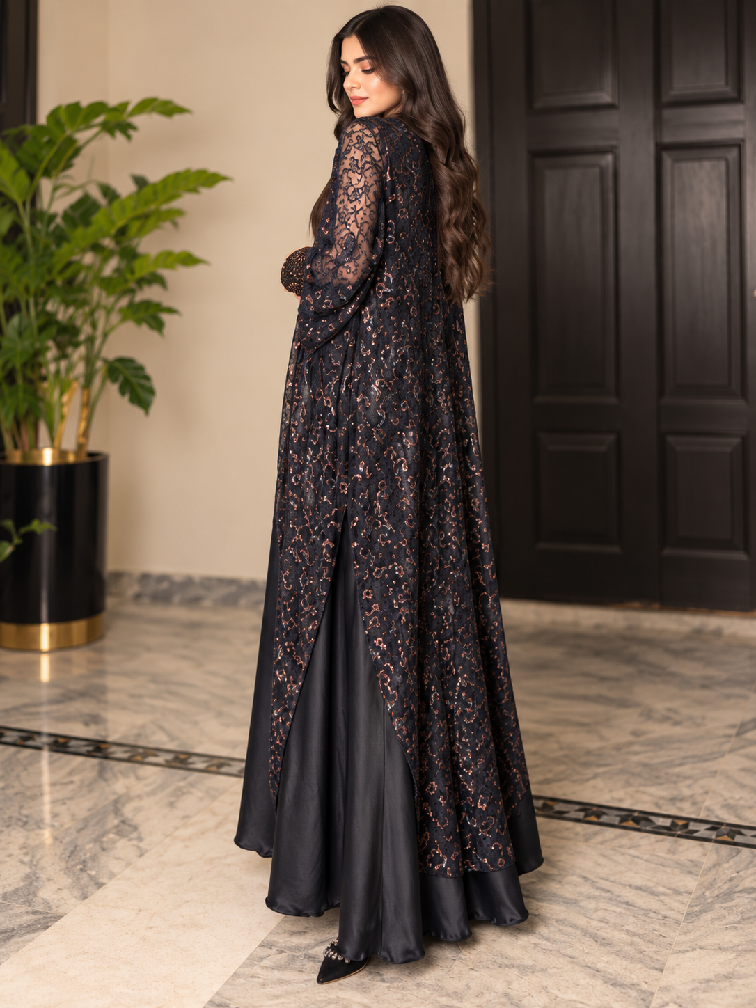Black Retro Maxi With Sequin Cuff