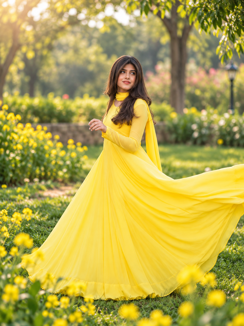 Lemon Chiffon Heavy Flare Maxi With Dupatta