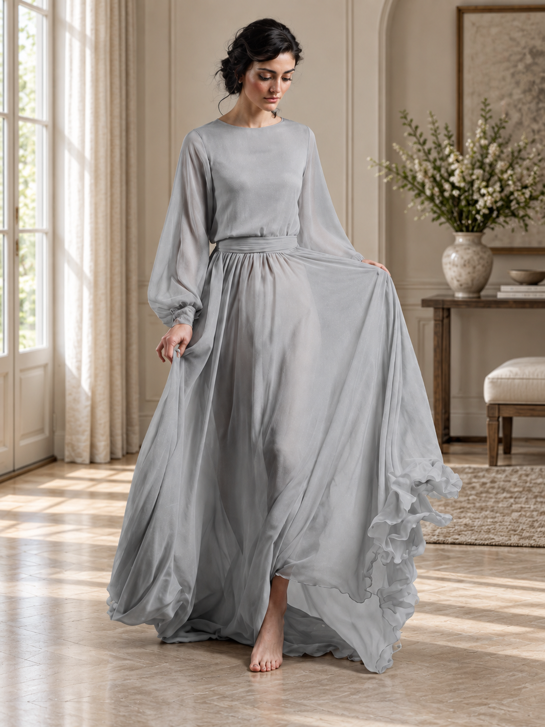 Grey Chiffon Heavy Flare Maxi