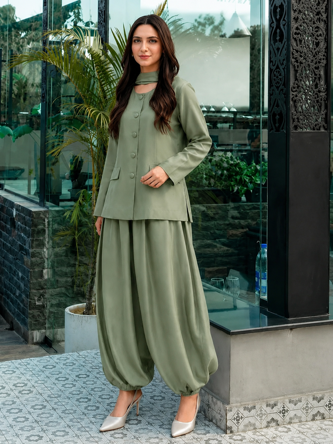 Grey Green Balzer Balloon Pant Set With Dupatta