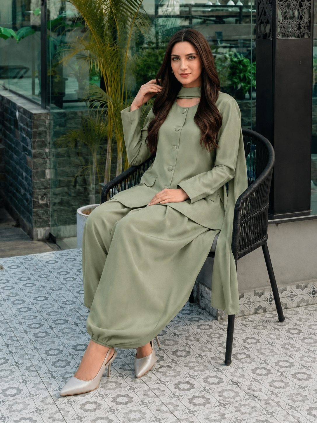 Grey Green Balzer Balloon Pant Set With Dupatta