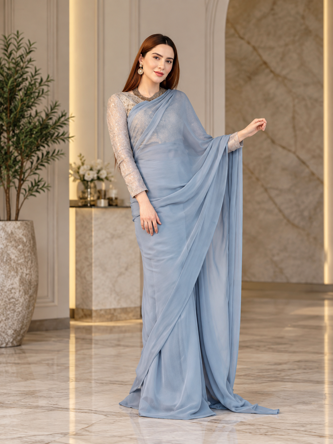 Grey Chiffon Saree With Banarsi Blouse