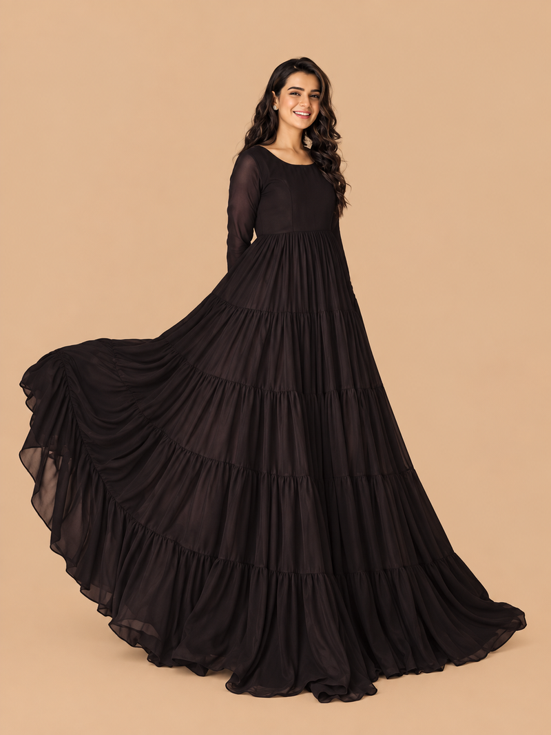 Black Chiffon Frill Detail Long Maxi